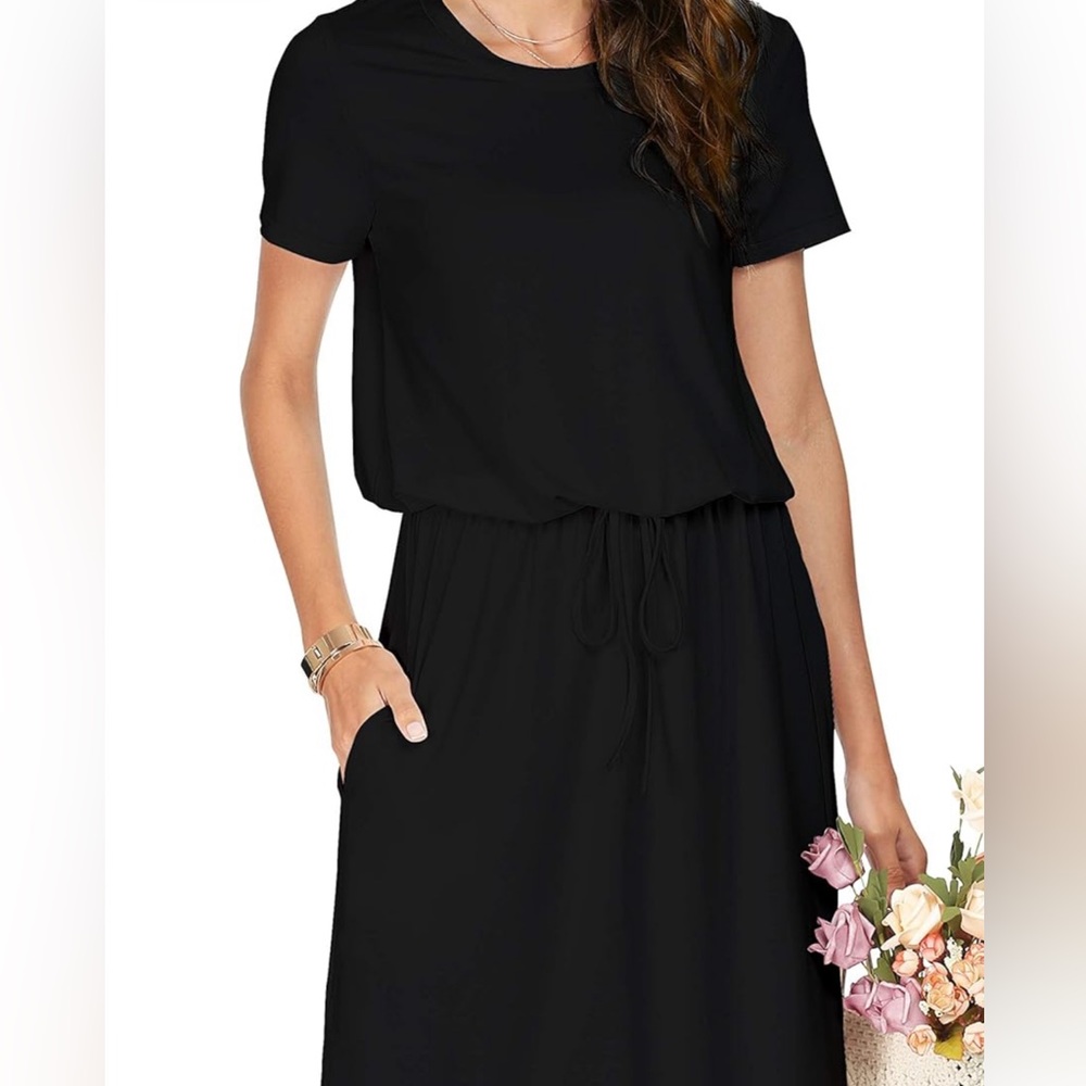 Versatile black jersey style dress with hidden pockets